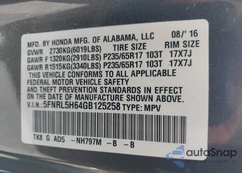 2016 Honda Odyssey Ex-L from USA, damaged, VIN 5FNRL5H64GB125258
